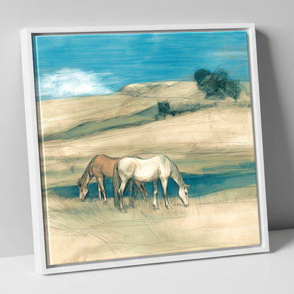 Grazing Beneath Teal Skies horse landscape canvas wall art in white frame