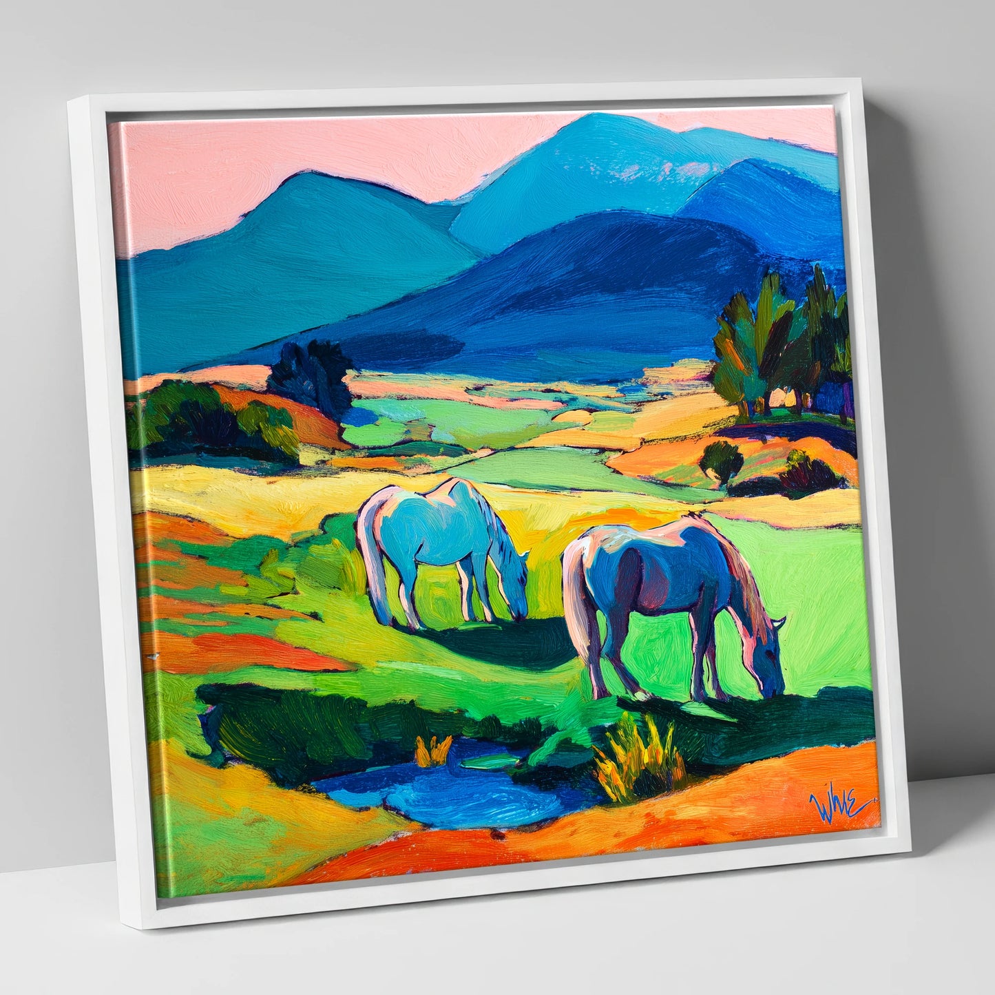 Painted Valley Grazing horse landscape canvas wall art in white frame