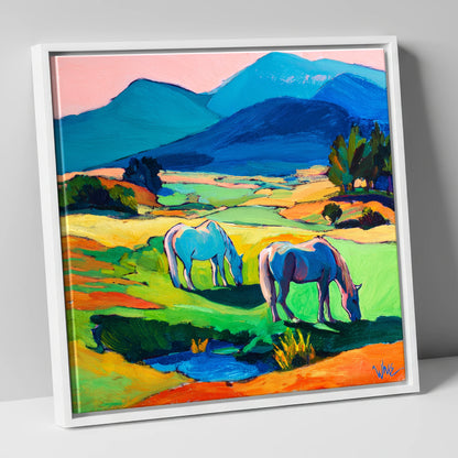 Painted Valley Grazing horse landscape canvas wall art in white frame