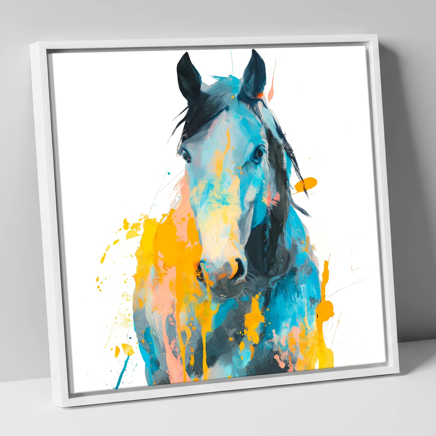 Teal and Amber Gaze horse portrait canvas wall art in white frame