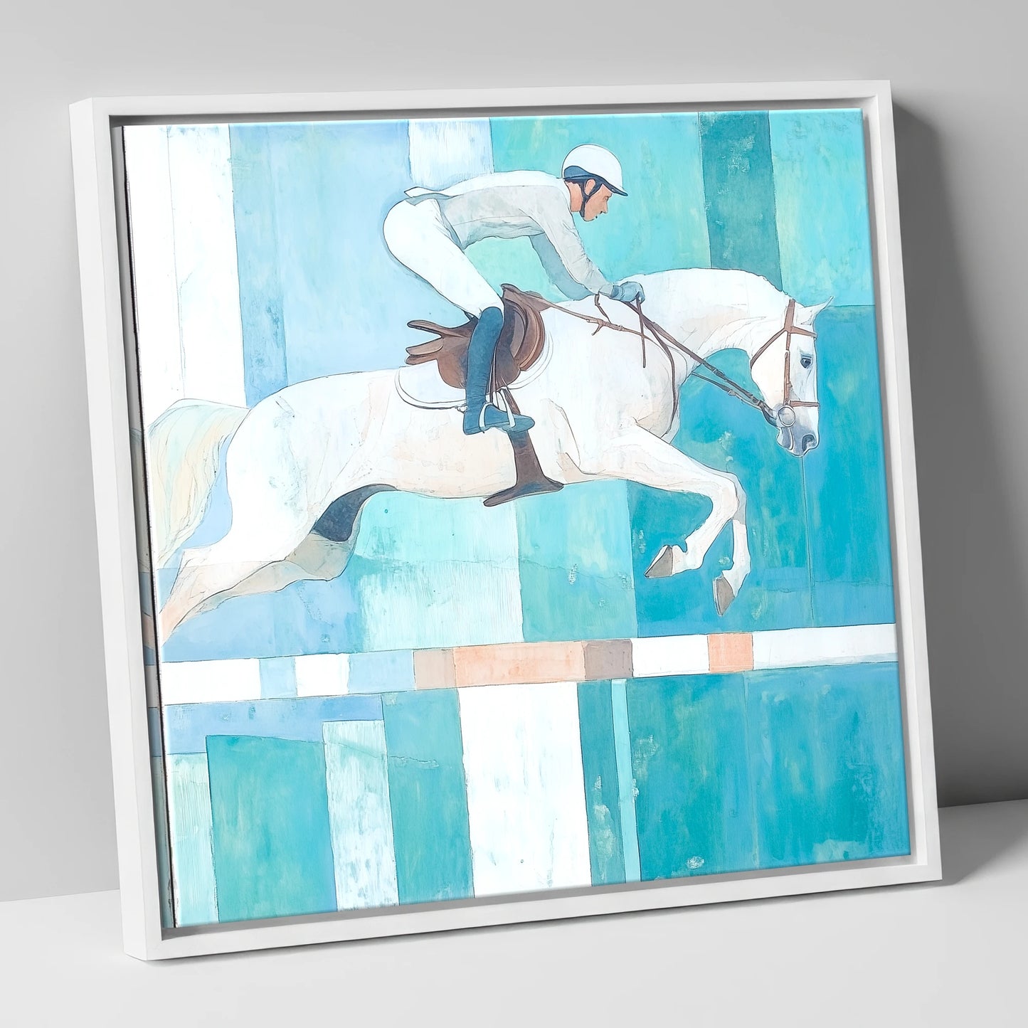 Aquamarine Ascent show jumping horse canvas wall art in white frame