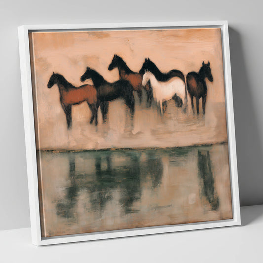 The Quiet Shallows wild horses canvas wall art in white frame