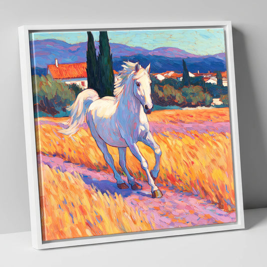 Sunlit Provincial Grey horse breed canvas wall art in white frame