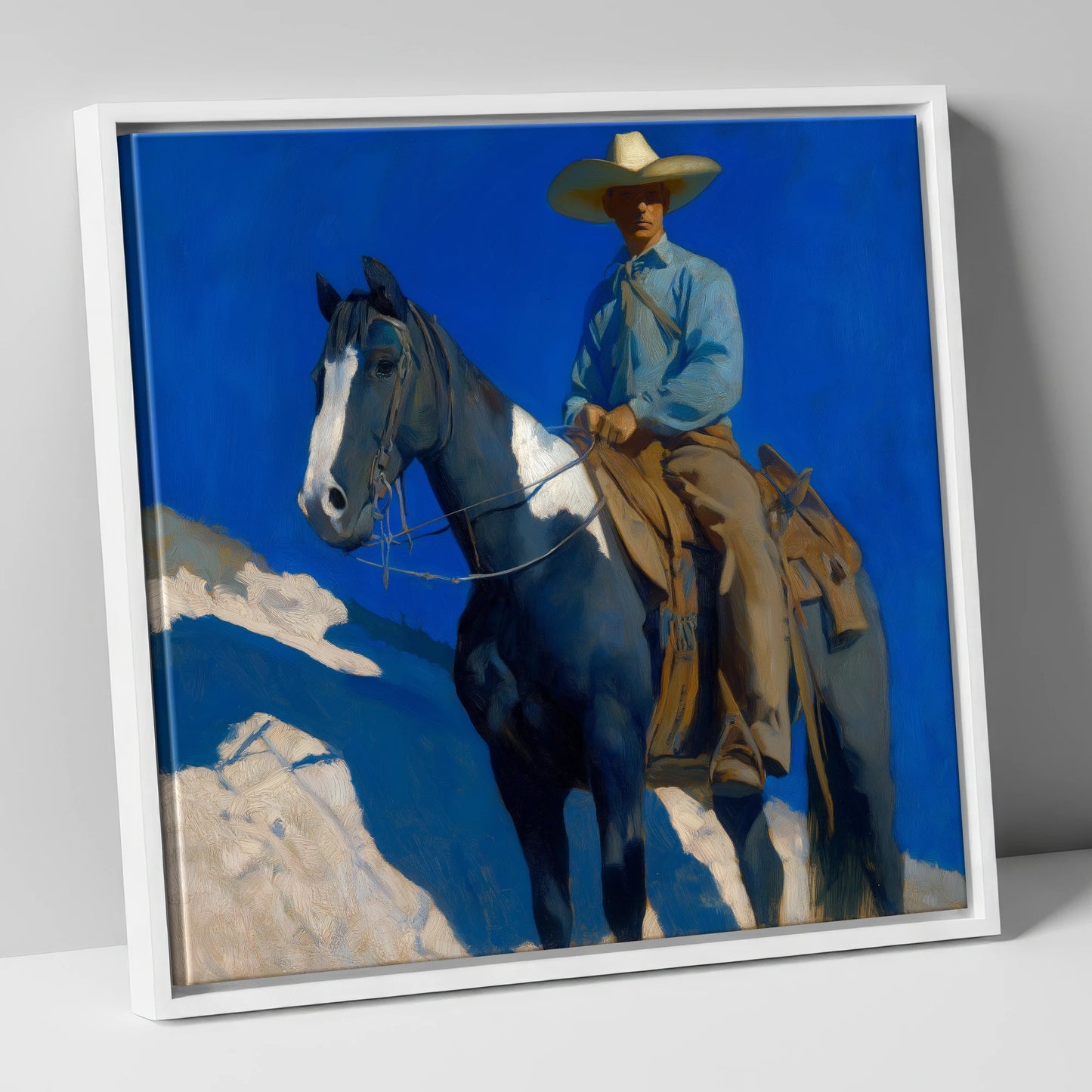 Under the Cobalt Sky western horse canvas wall art in white frame