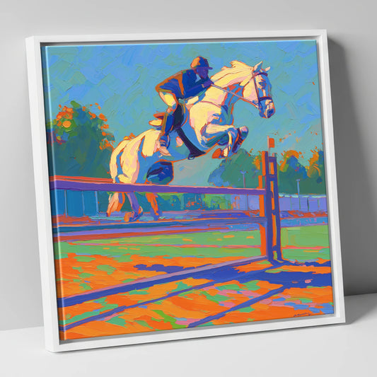 Vibrant Clearance show jumping horse canvas wall art in white frame