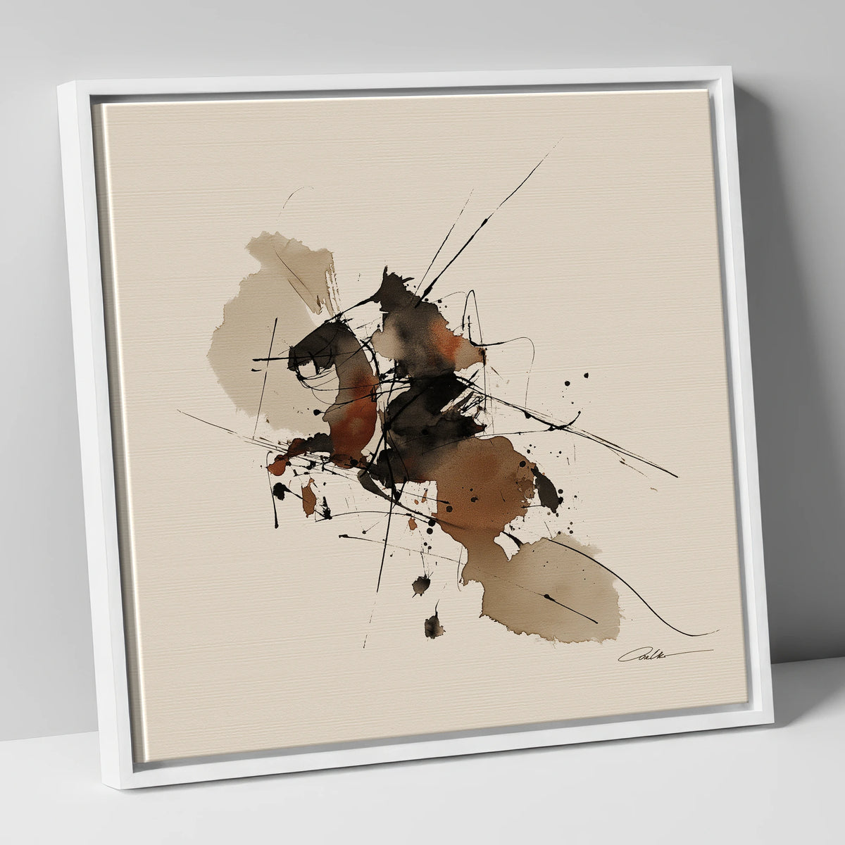 Abstract Sepia Ink Wash Horse horse portrait canvas wall art in white frame