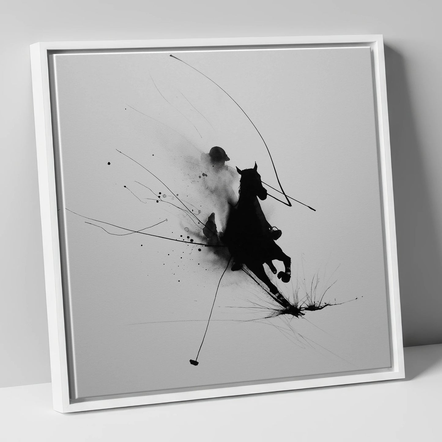Phantom Polo Strike polo horse canvas wall art in white frame