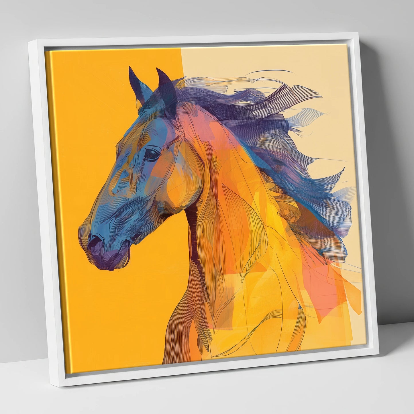 Vibrant Cobalt Equine horse breed canvas wall art in white frame