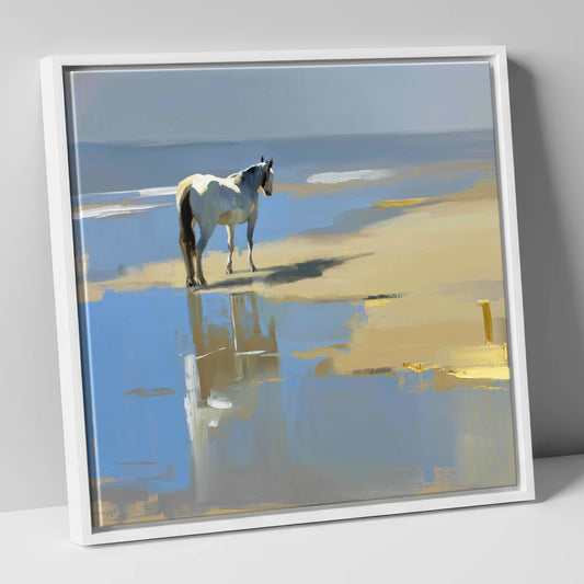 Shoreline Solitude horse landscape canvas wall art in white frame