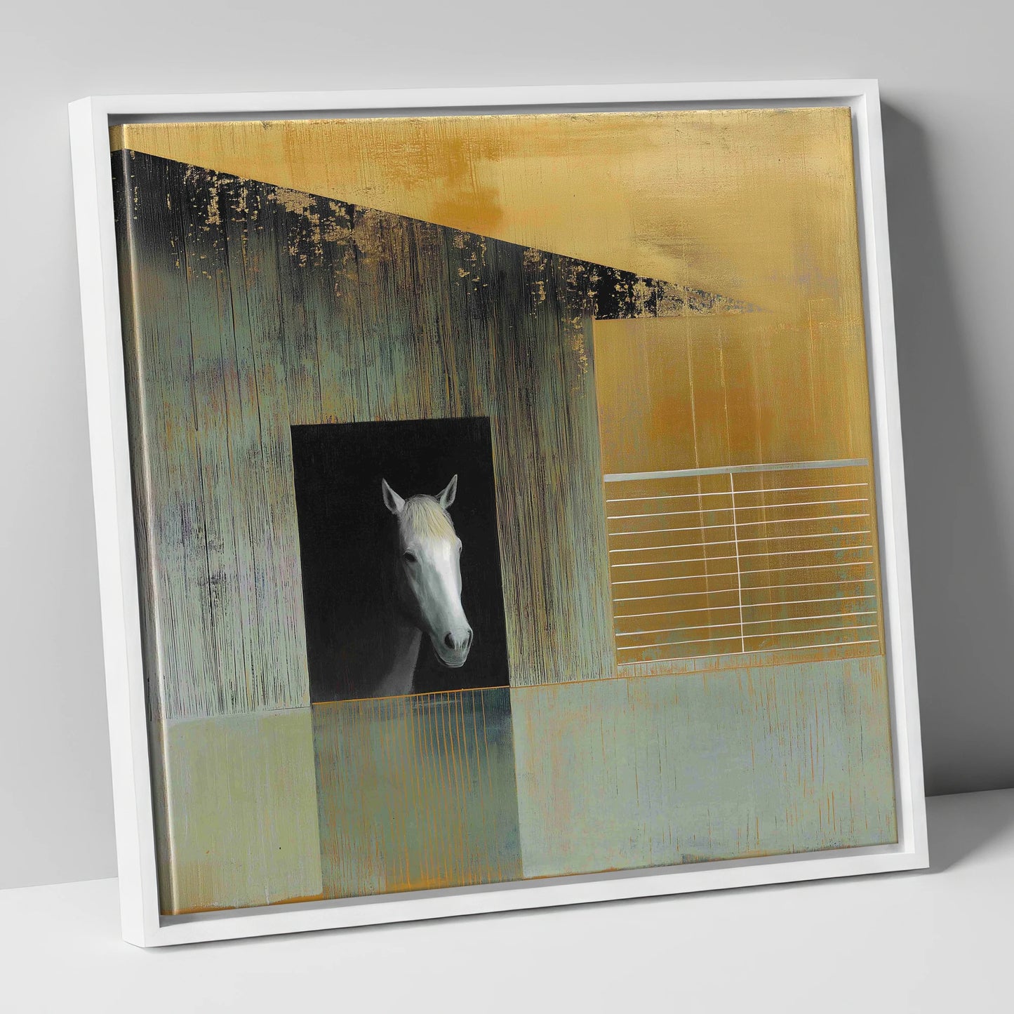 The Quiet Observer horse stable canvas wall art in white frame