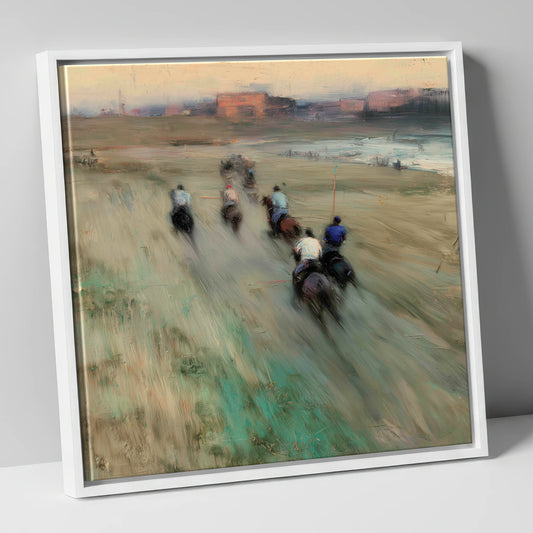 The Beach Chukka polo horse canvas wall art in white frame