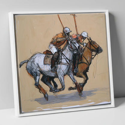 The Midfield Duel polo horse canvas wall art in white frame