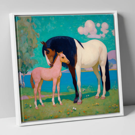 Dreamscape Mare and Foal mare & foal canvas wall art in white frame