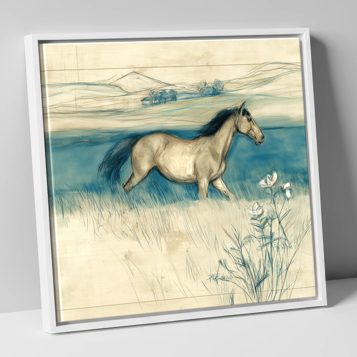 Teal Horizon Canter horse landscape canvas wall art in white frame