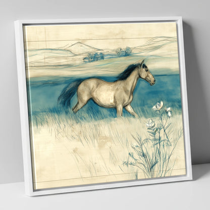 Teal Horizon Canter horse landscape canvas wall art in white frame