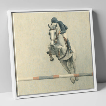 Suspended Flight show jumping horse canvas wall art in white frame