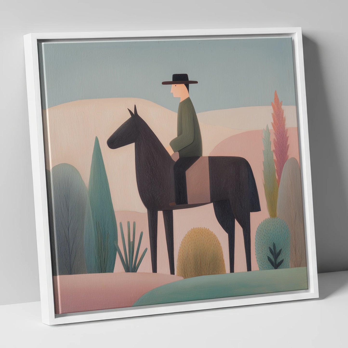 The Quiet Trail western horse canvas wall art in white frame