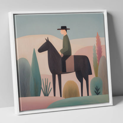 The Quiet Trail western horse canvas wall art in white frame