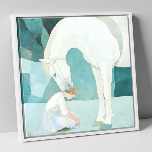 The Gentle Guardian horse & rider canvas wall art in white frame
