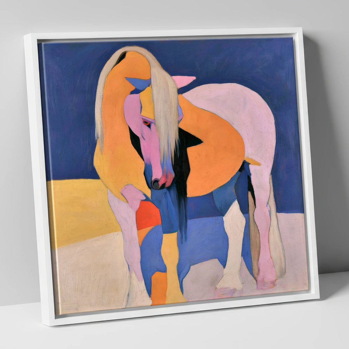 Vibrant Pink And Orange Horse horse breed canvas wall art in white frame