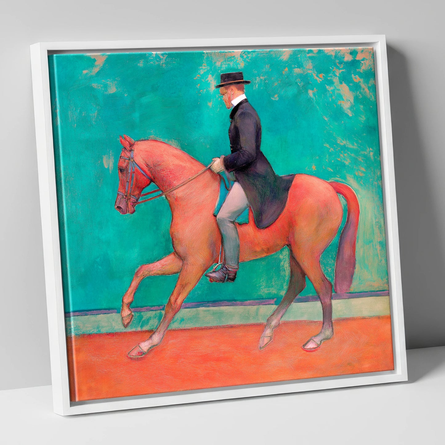 The Emerald Passage dressage horse canvas wall art in white frame