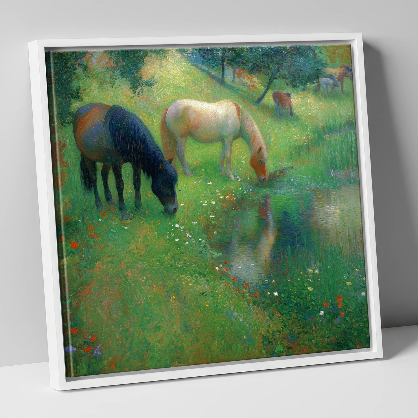 Tranquil Water Meadow horse landscape canvas wall art in white frame