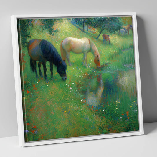 Tranquil Water Meadow horse landscape canvas wall art in white frame