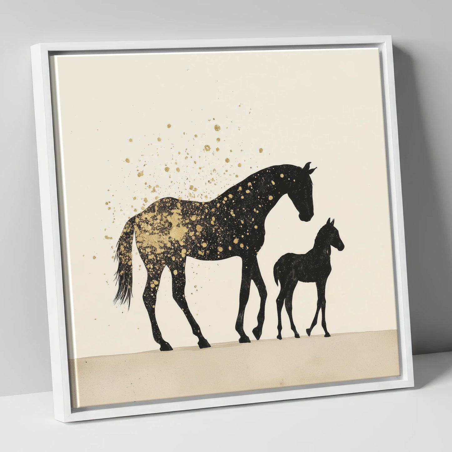 Gilded Bonds mare & foal canvas wall art in white frame