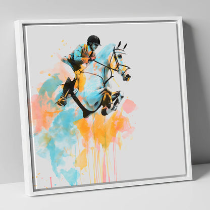 Suspended in Colour show jumping horse canvas wall art in white frame