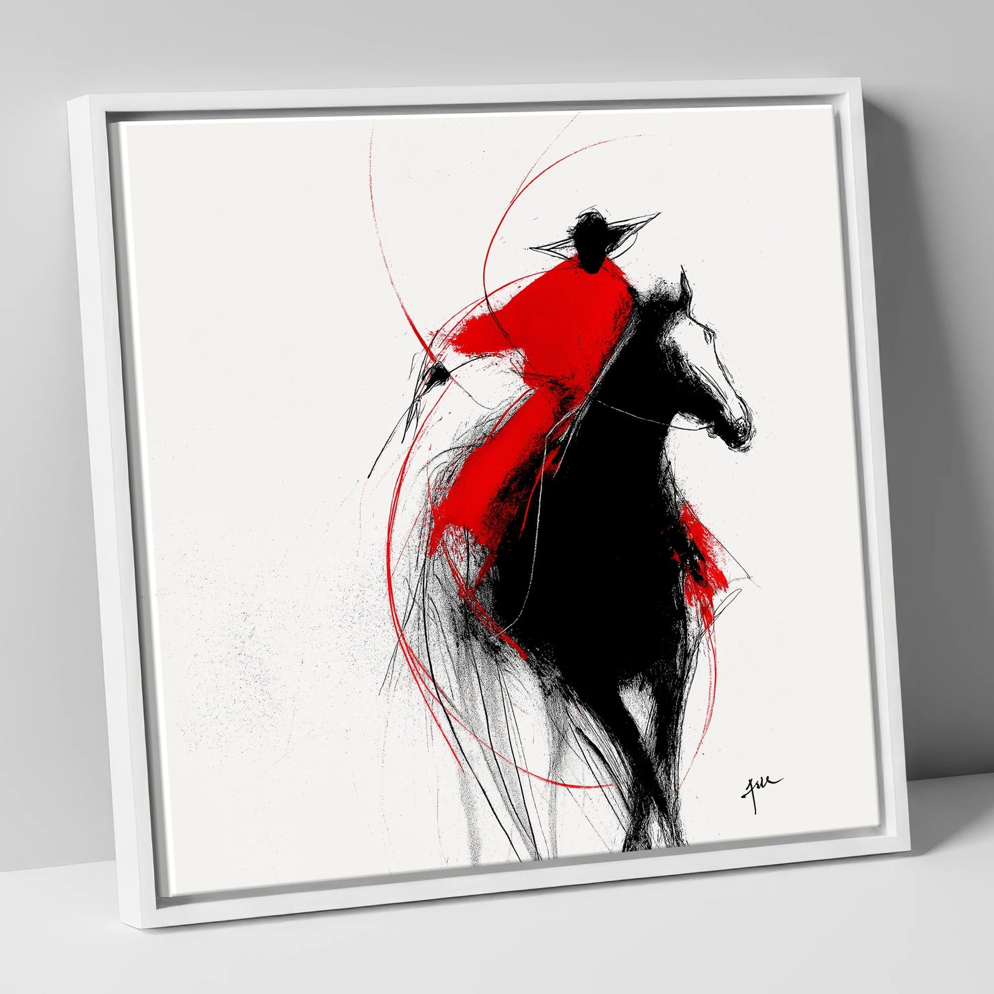 Crimson Surge racing horse canvas wall art in white frame