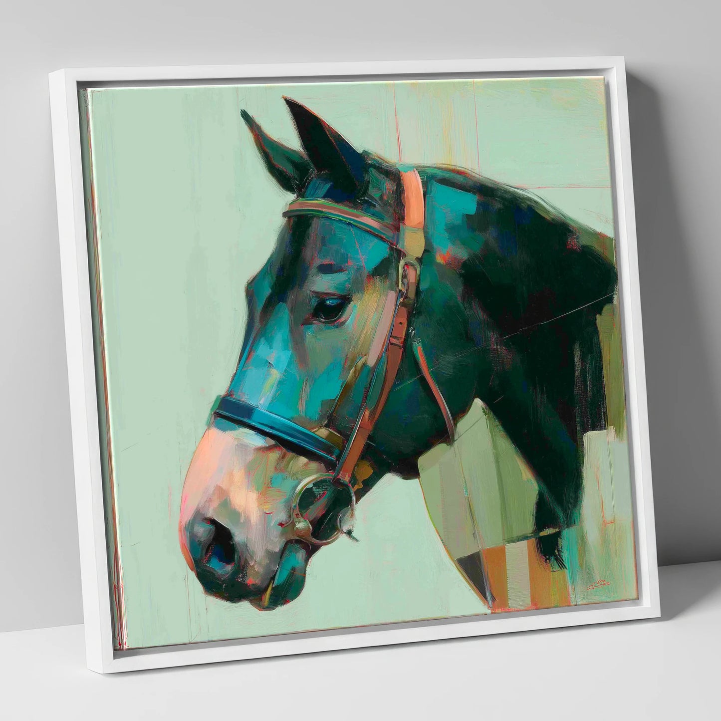 The Midnight Bridle horse portrait canvas wall art in white frame