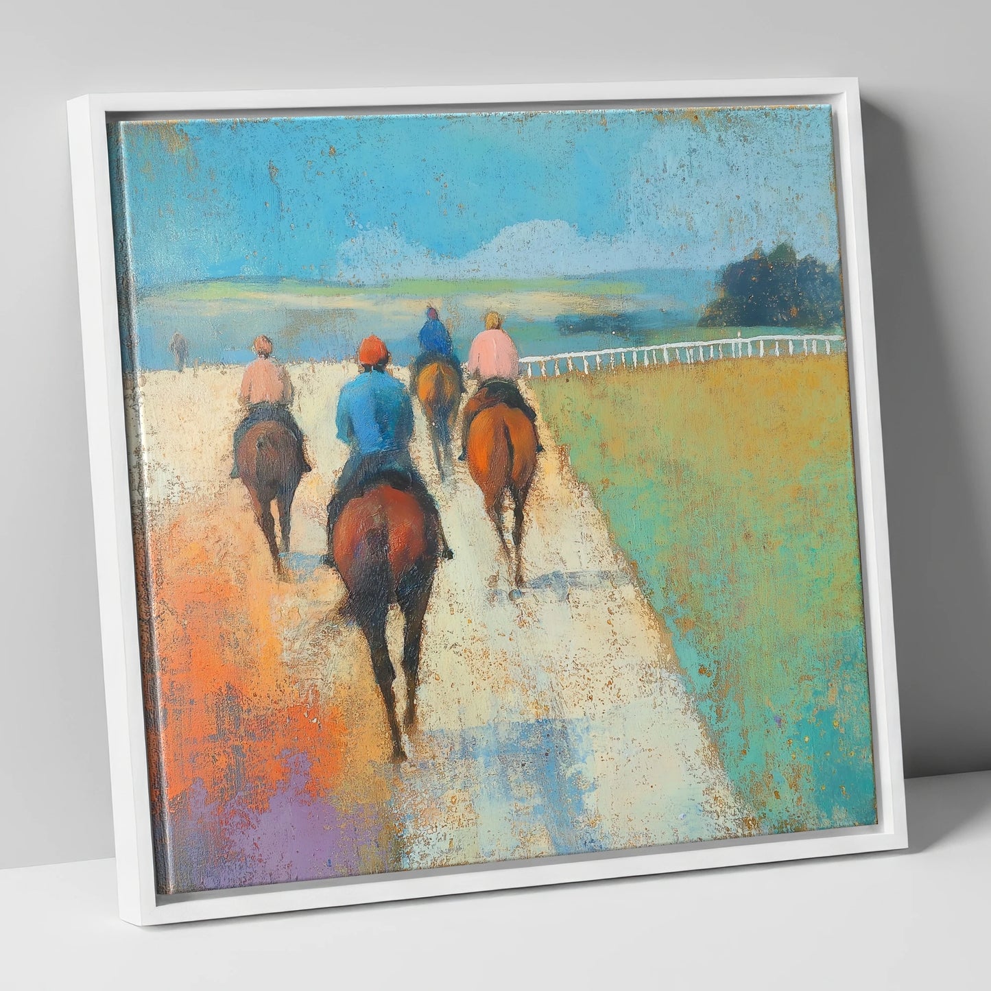 The Morning String racing horse canvas wall art in white frame