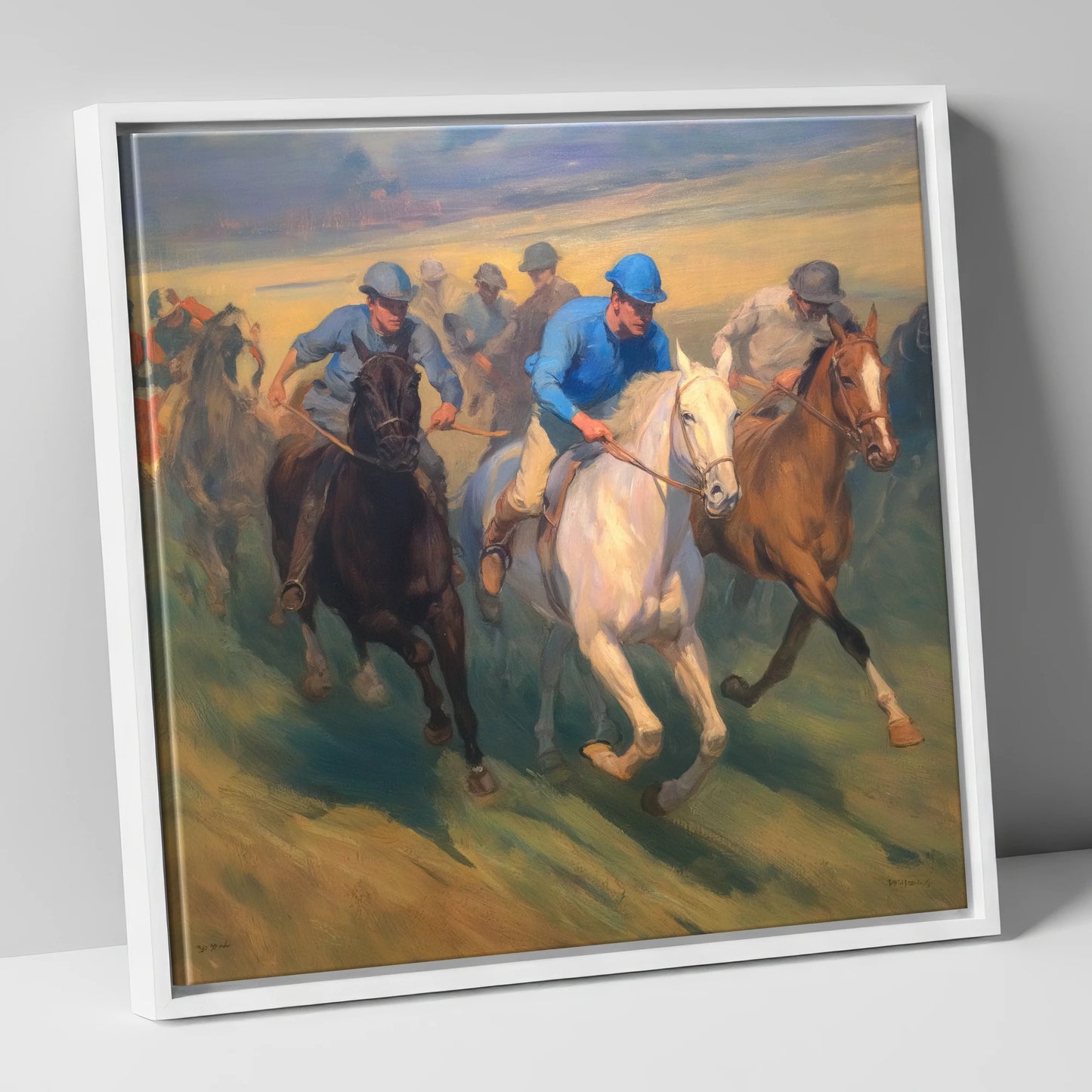 The Blue Silks racing horse canvas wall art in white frame