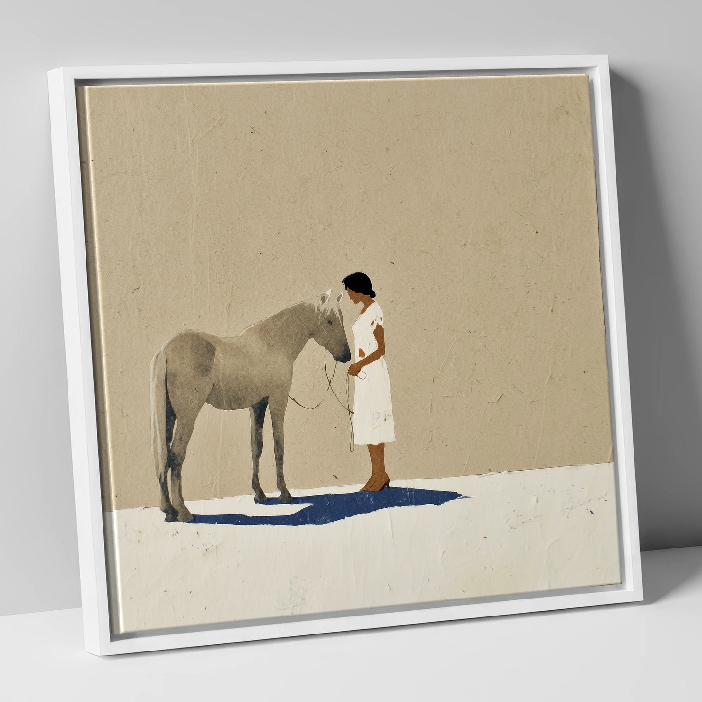 The Quiet Exchange horse & rider canvas wall art in white frame