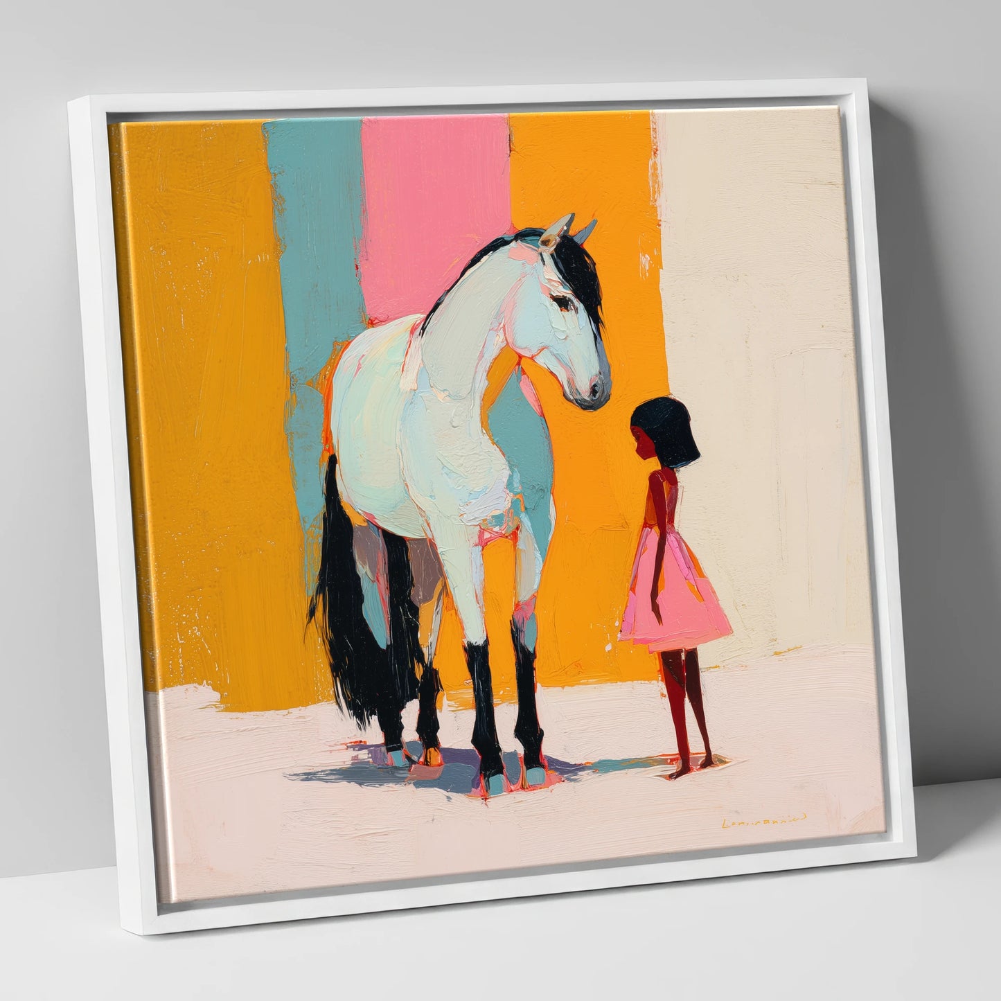 A Colourful Bond horse & rider canvas wall art in white frame