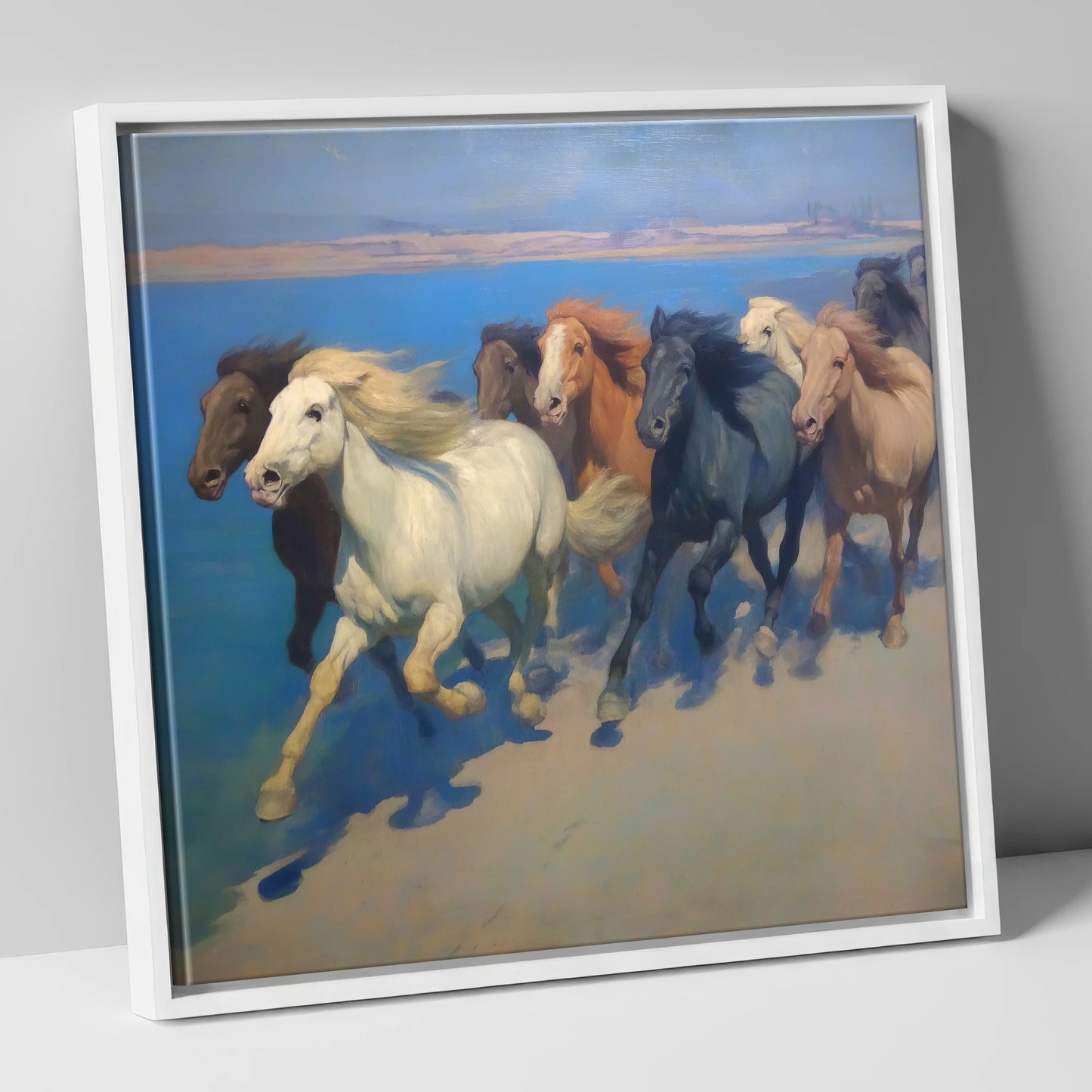 Azure Coastal Gallop wild horses canvas wall art in white frame