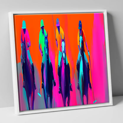 Neon Polo Charge polo horse canvas wall art in white frame