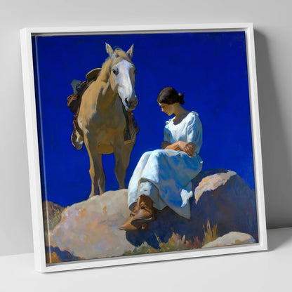 Beneath Azure Skies horse & rider canvas wall art in white frame