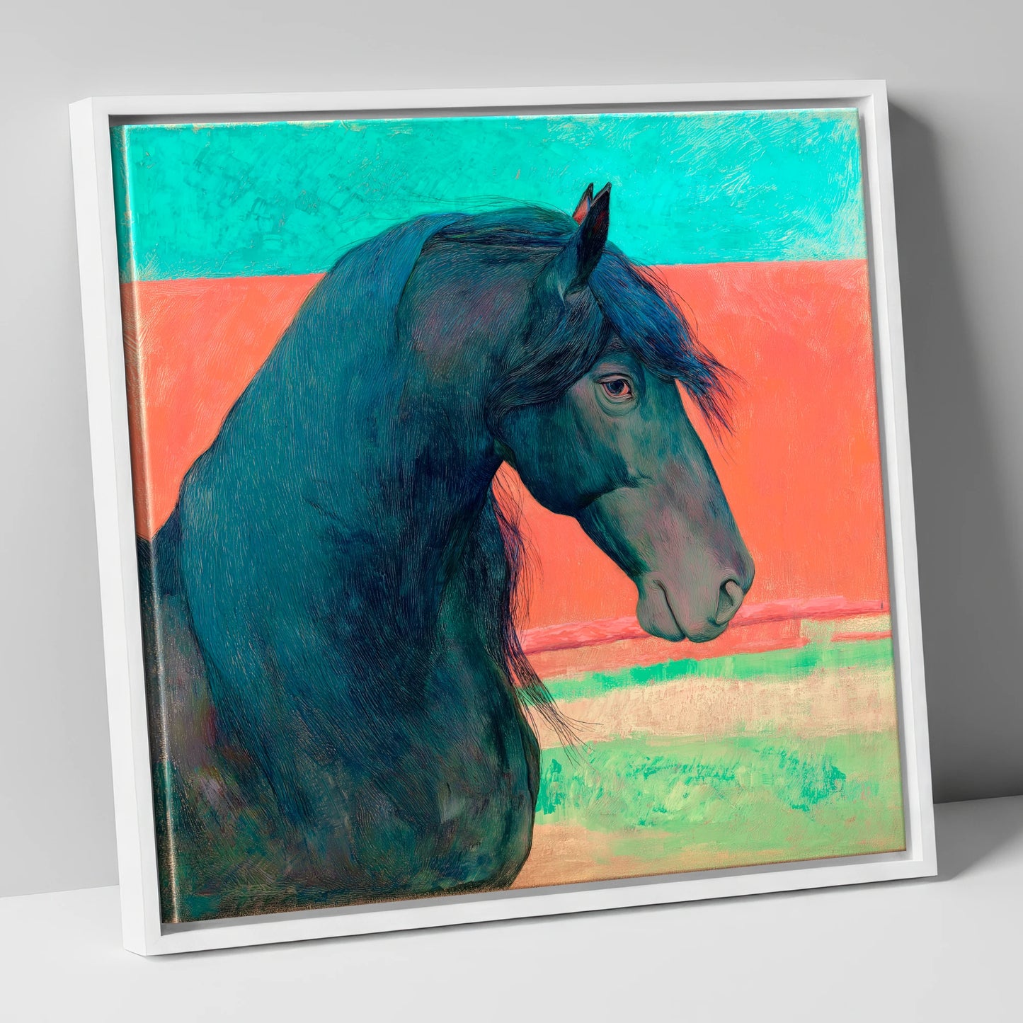 Crimson Horizon Friesian horse breed canvas wall art in white frame