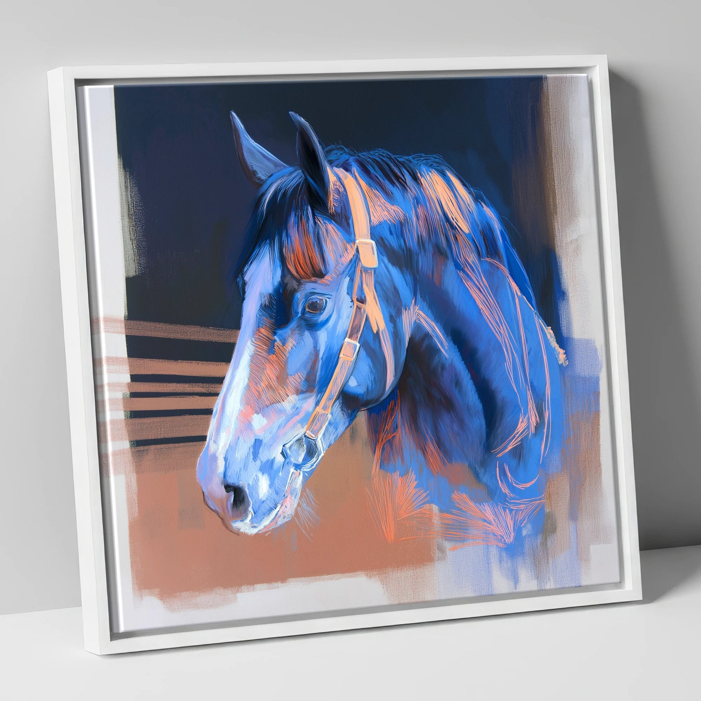 Serene Blue Profile horse portrait canvas wall art in white frame