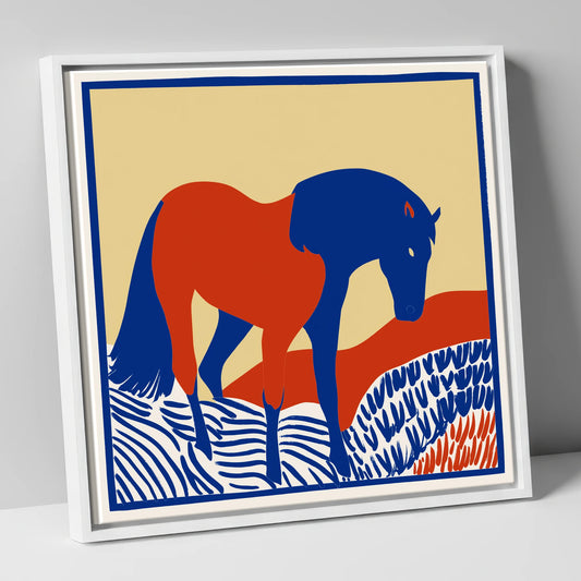 Cobalt And Rust horse portrait canvas wall art in white frame