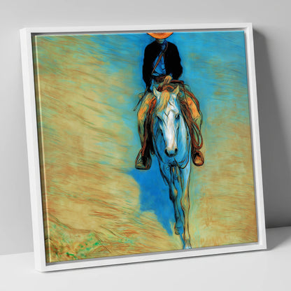The Blue Trail Rider western horse canvas wall art in white frame