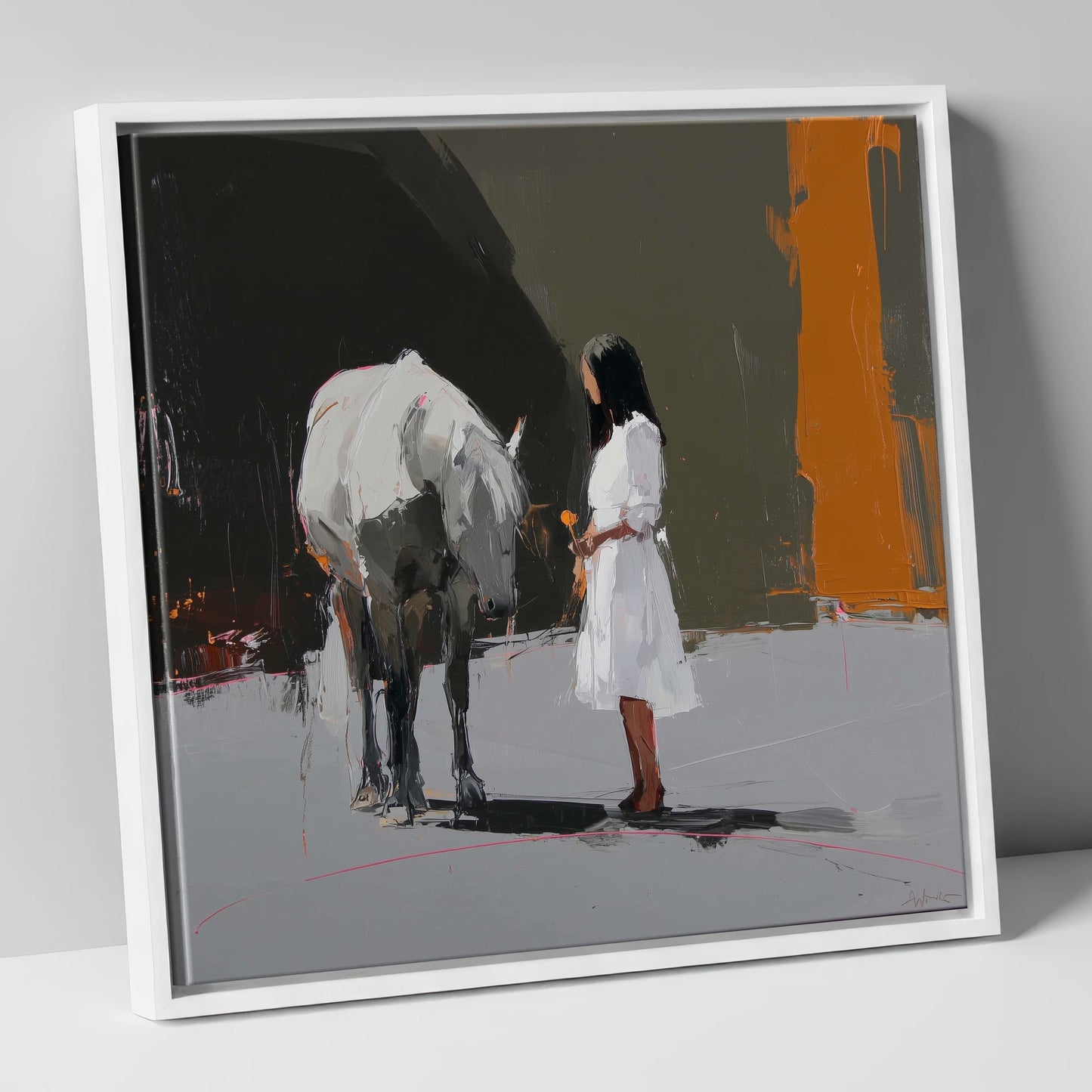 Silent Dialogue horse & rider canvas wall art in white frame