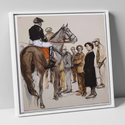 The Paddock Assembly racing horse canvas wall art in white frame