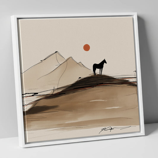 Sepia Ridge Silhouette horse landscape canvas wall art in white frame