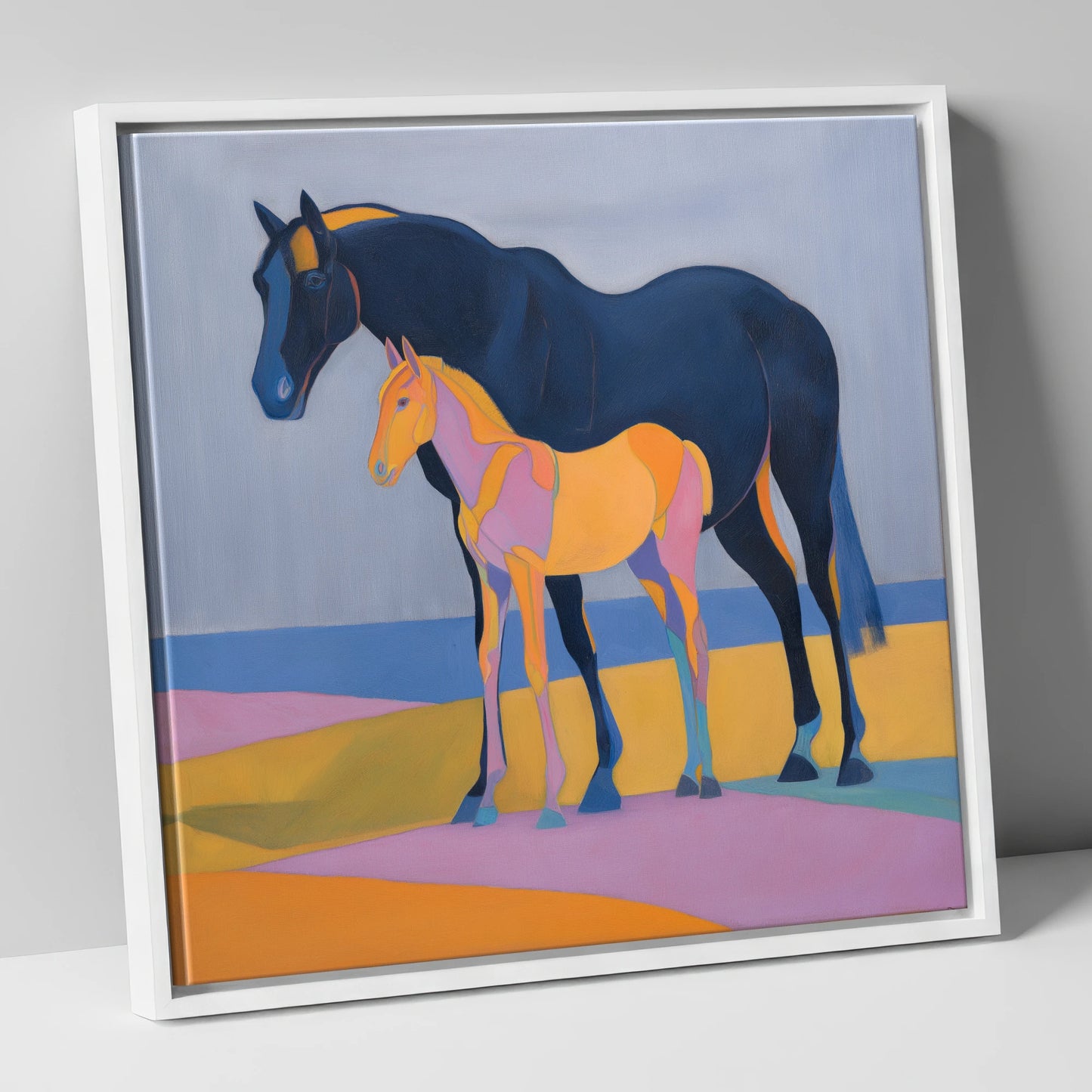 Midnight Mare Radiant Foal mare & foal canvas wall art in white frame