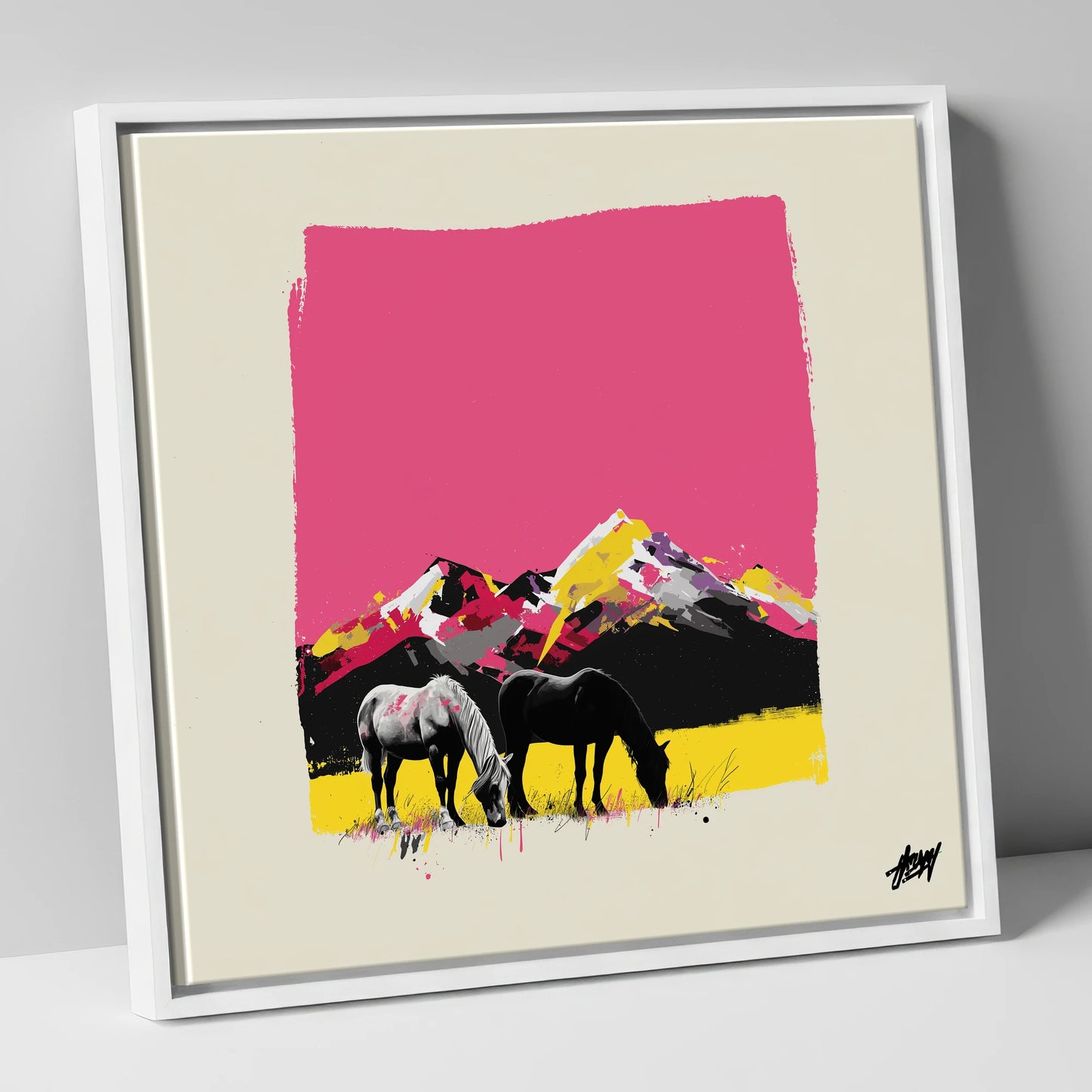 Vibrant Mountain Pastures horse landscape canvas wall art in white frame