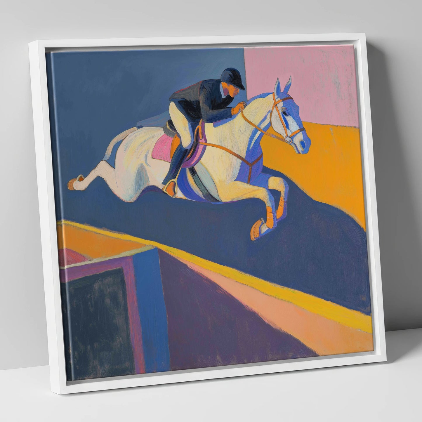 Bold Flight show jumping horse canvas wall art in white frame