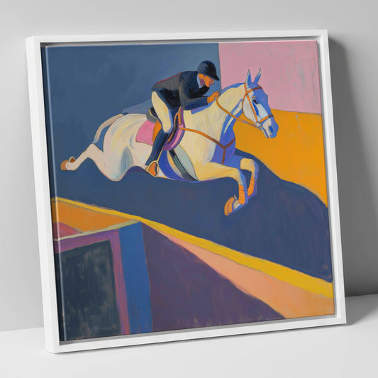 Bold Flight show jumping horse canvas wall art in white frame