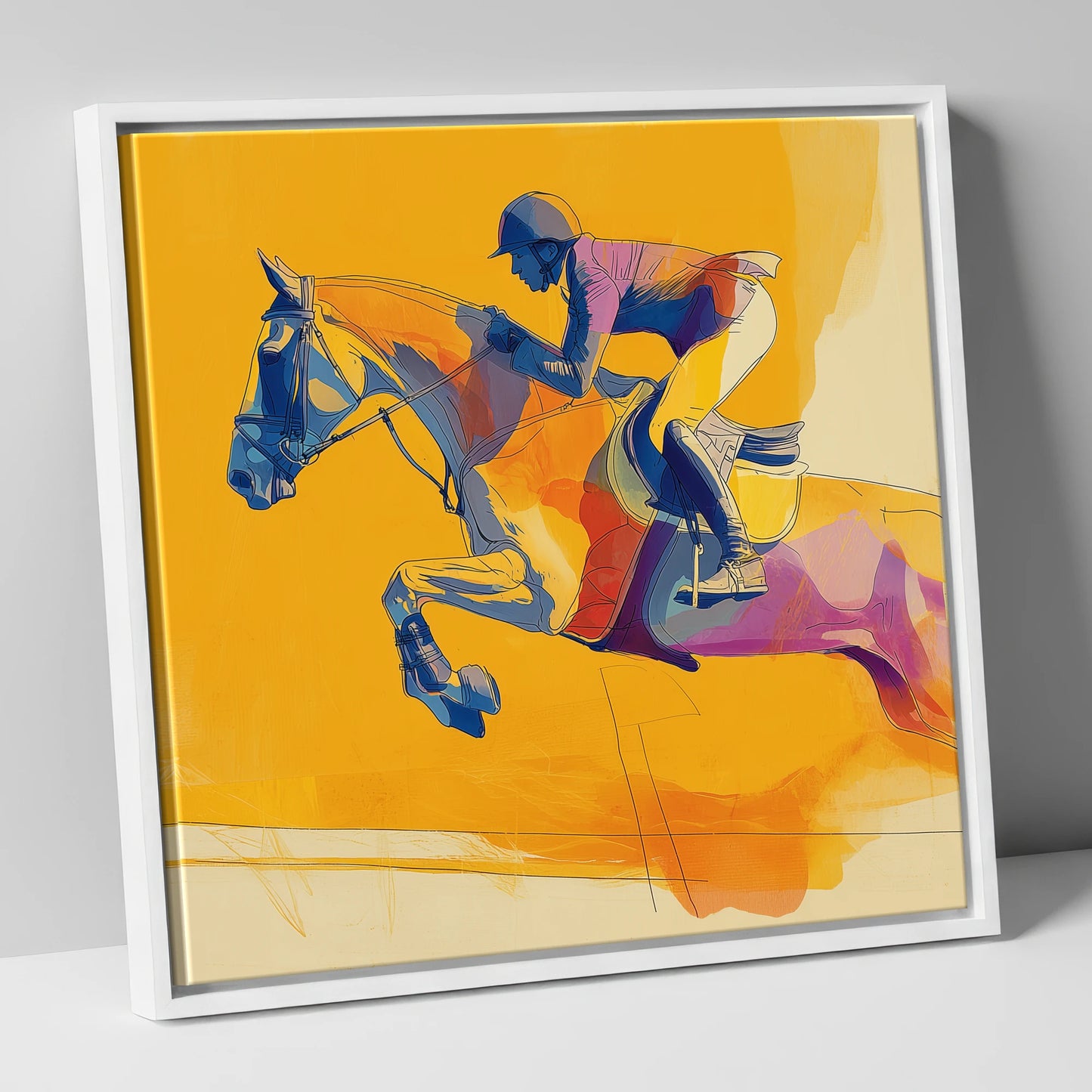 Vivid Golden Flight show jumping horse canvas wall art in white frame
